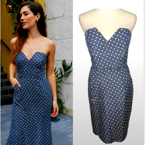 Anthropologie 10 Alice Temperley Silk $450 Polka Dot Dress Strapless Blue White - Picture 2 of 12